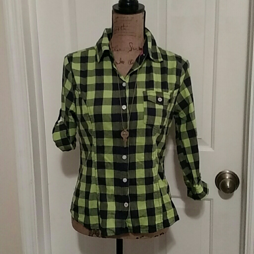 Lime green and navy plaid button down shirt
